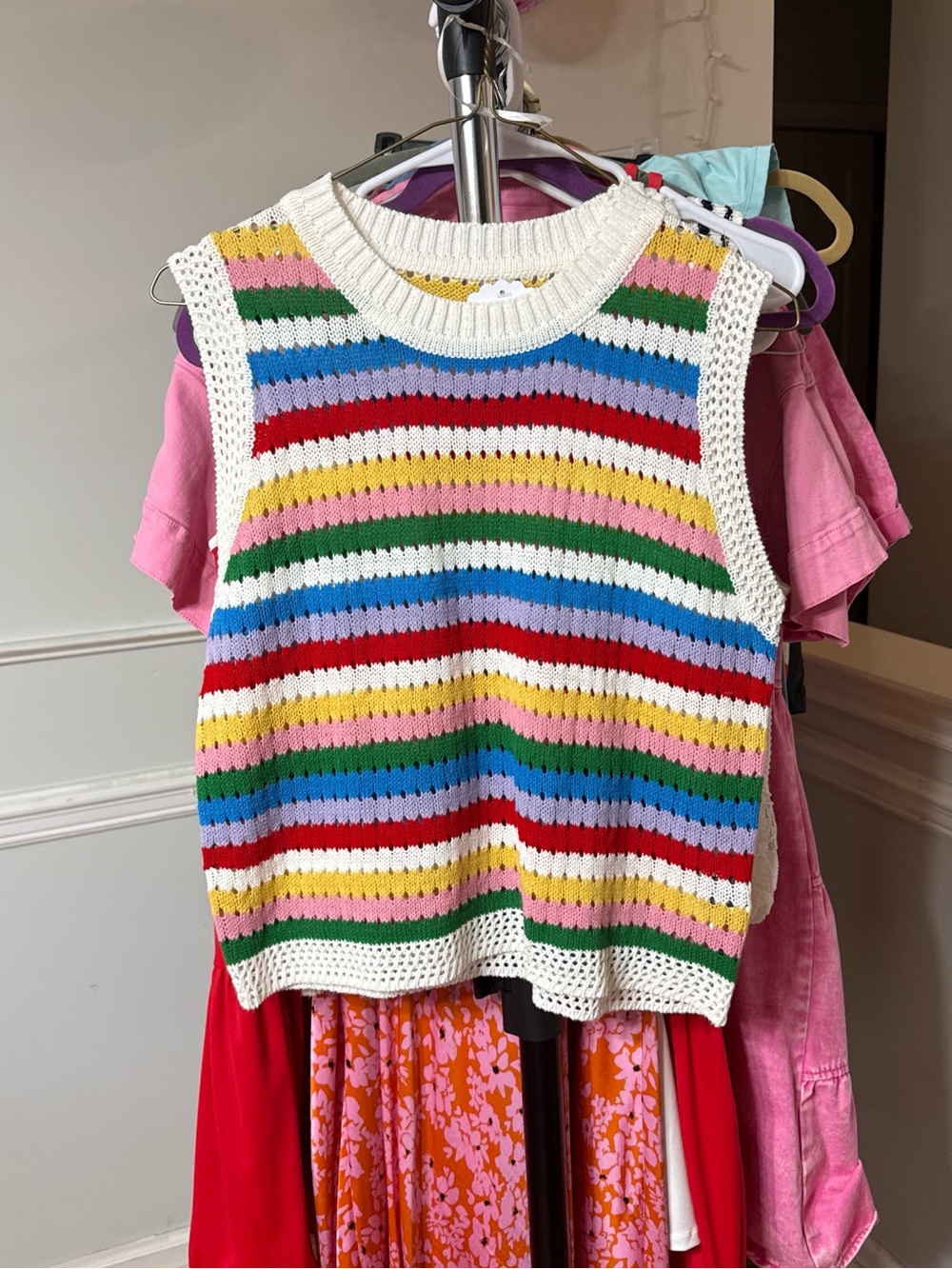 SHEIN Multicolor Crochet Stripe Vest - Pink Green Yellow White